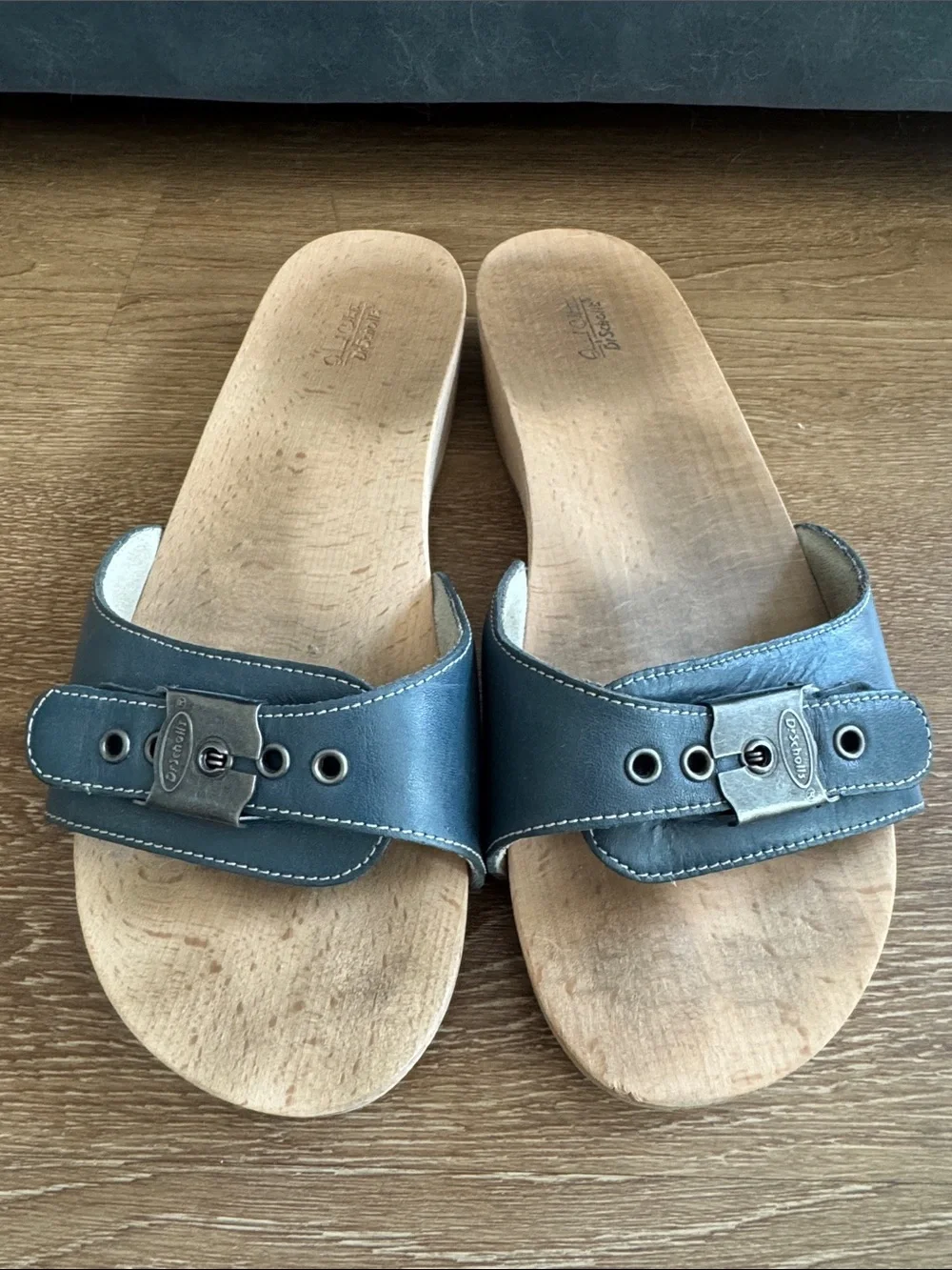 Dr. Scholl's Navy Leather Wood-Platform Slide Sandals